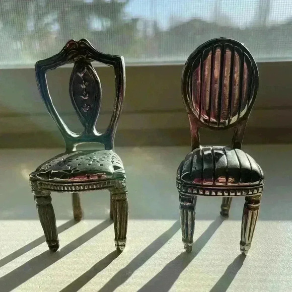 Whimsical 2.5" Tall Miniature Chairs Metal Silver Dollhouse Size Wedding Topper - Picture 1 of 9
